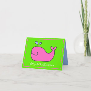 Preppy Pink and Green Whale Personalised Note Card