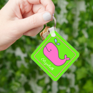 Preppy Pink and Green Whale Personalized Key Ring