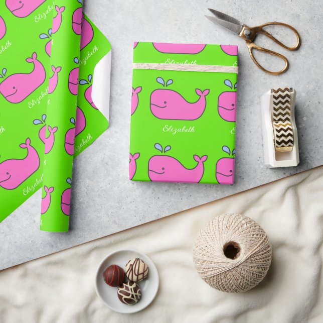 Preppy Pink and Green Whales Personalised Wrapping Paper (Crafts)
