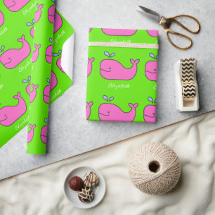 Preppy Pink and Green Whales Personalized Wrapping Paper