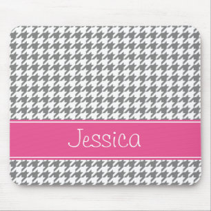 Preppy Pink and Grey Houndstooth Personalised Mouse Mat