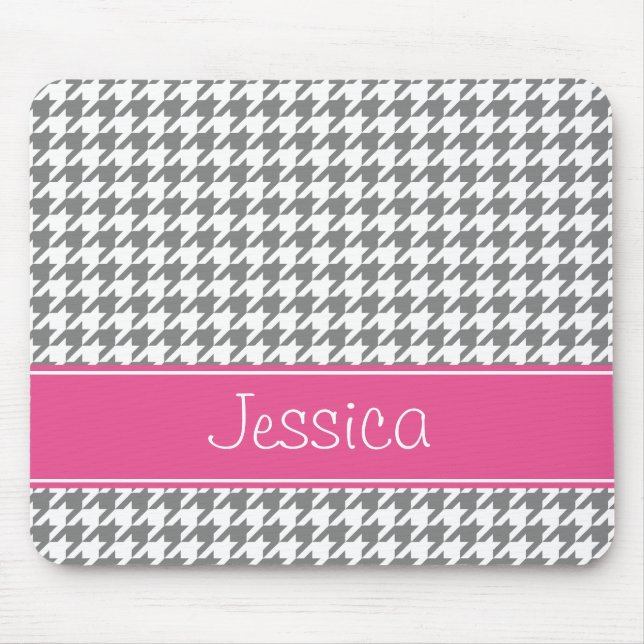 Preppy Pink and Grey Houndstooth Personalised Mouse Mat (Front)