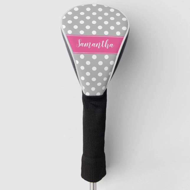 Preppy Pink and Grey Polka Dots Personalised Golf Head Cover (Front)