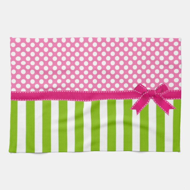 Preppy Pink and  Lime Green Striped Tea Towel (Horizontal)