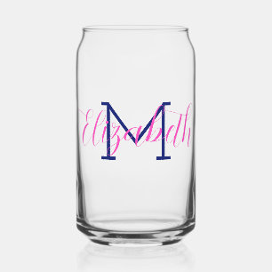 Preppy Pink and Navy Blue Monogram Can Glass
