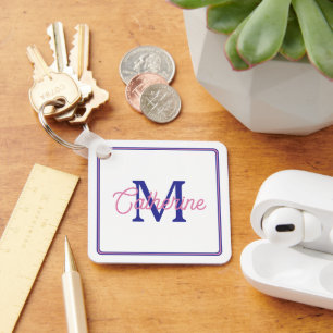 Preppy Pink and Navy Blue Simple Monogram Key Ring