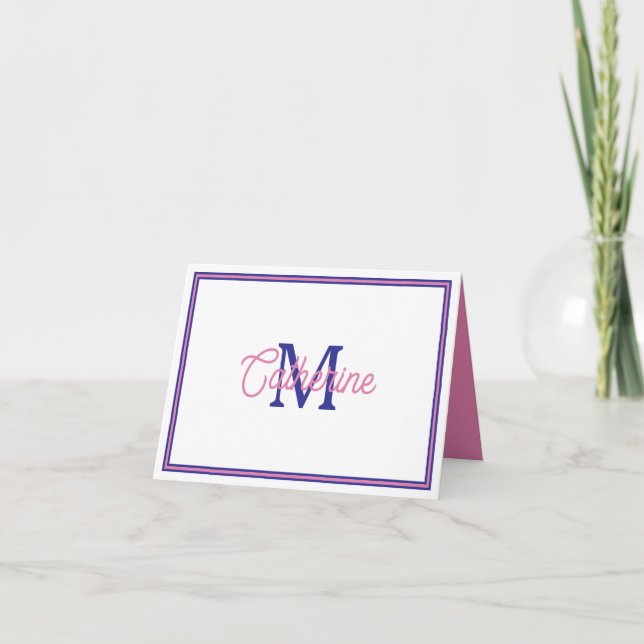 Preppy Pink and Navy Blue Simple Monogram Note Card (Front)