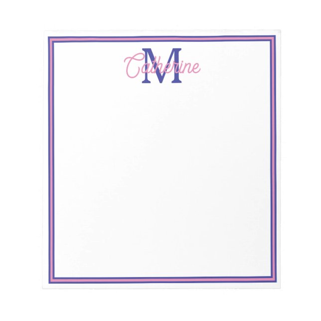Preppy Pink and Navy Blue Simple Monogram Notepad (Front)