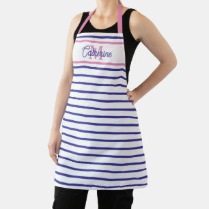 Preppy Pink and Navy Blue Stripe Simple Monogram Apron