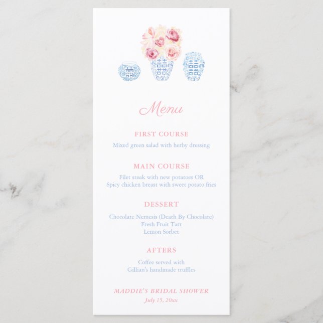 Preppy Pink And Pale Blue Little Girl Baby Shower Menu (Front)