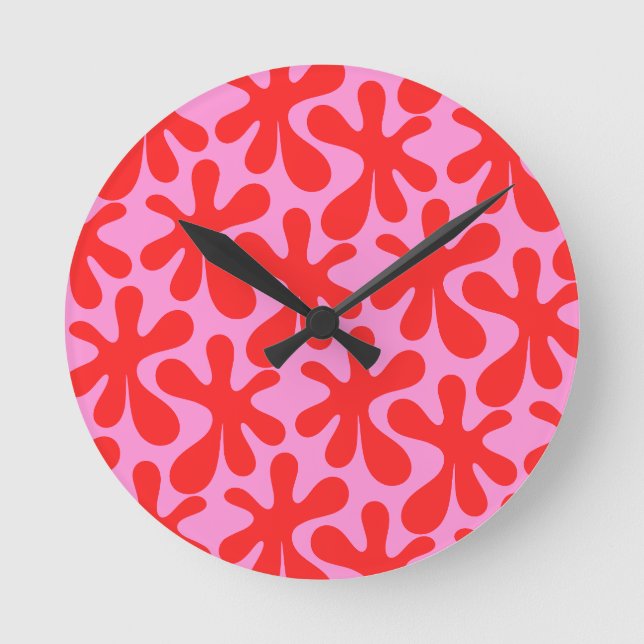 Preppy Pink and Red Amoeba Contemporary Pattern Round Clock (Front)