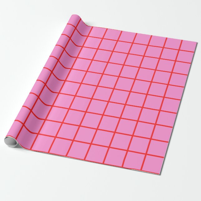 Preppy Pink and Red Grid Pattern Wrapping Paper (Unrolled)