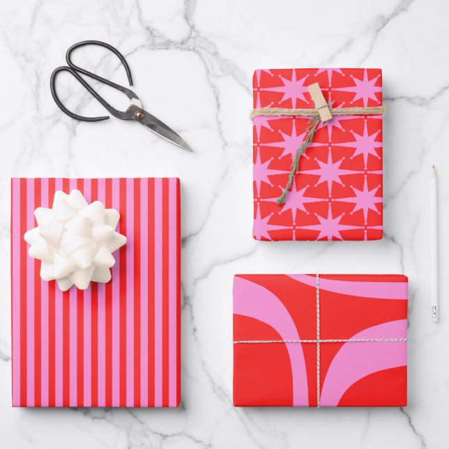 Preppy Pink and Red Pattern Mix Wrapping Paper Sheet (Front)