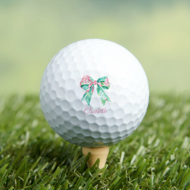 Preppy Pink and Turquoise Floral Bow Personalised Golf Balls (Insitu Tee)