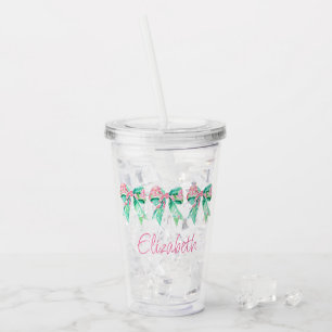 Preppy Pink and Turquoise Floral Bows Personalised Acrylic Tumbler