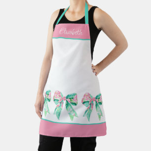 Preppy Pink and Turquoise Floral Bows Personalised Apron