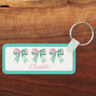 Preppy Pink and Turquoise Floral Bows Personalised Key Ring