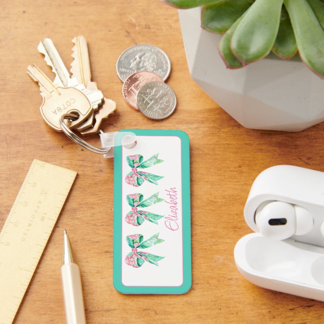 Preppy Pink and Turquoise Floral Bows Personalised Key Ring (Desk)