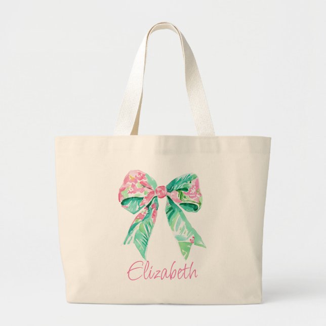 Preppy Pink and Turquoise Floral Bows Personalised Large Tote Bag (Front)