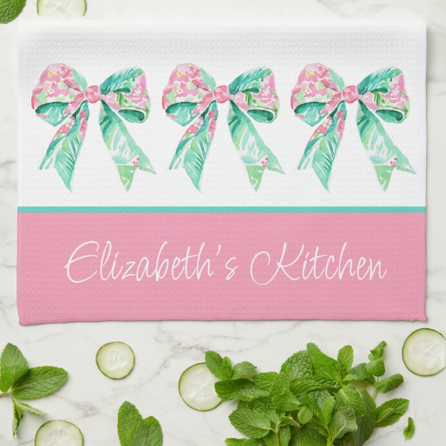 Preppy Pink and Turquoise Floral Bows Personalised Tea Towel (Folded)