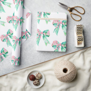 Preppy Pink and Turquoise Floral Bows Wrapping Paper