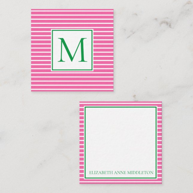 Preppy Pink and White Stripe With Green Monogram Card (Front/Back)