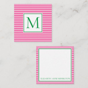 Preppy Pink and White Stripe With Green Monogram Card