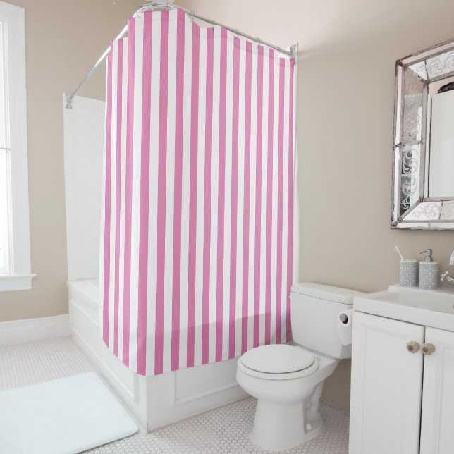  Preppy Pink and White Stripes Geometric Pattern Shower Curtain (In Situ)