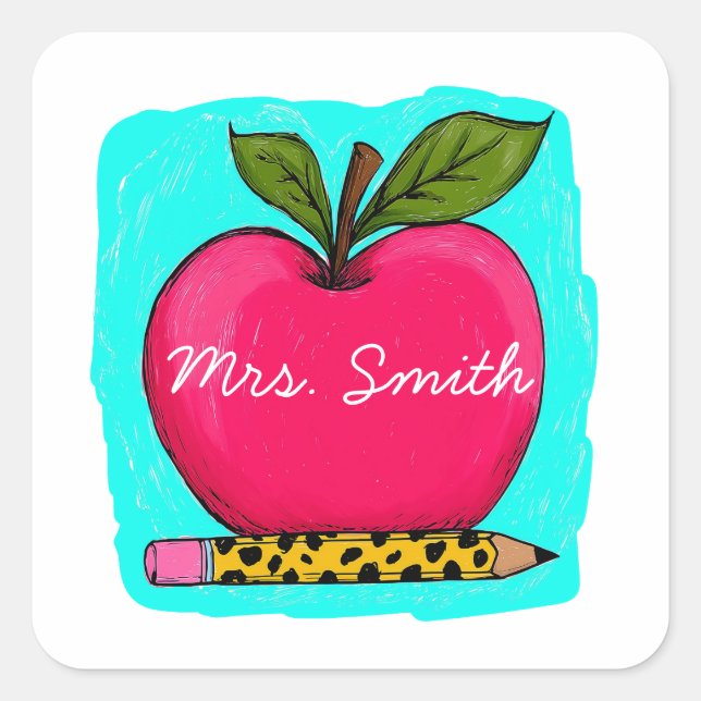 Preppy Pink Apple Teacher Name Sticker  (Front)