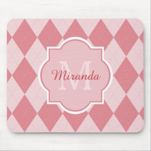 Preppy Pink Argyle Girly Monogram Office Name Mouse Mat