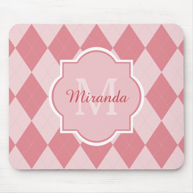 Preppy Pink Argyle Girly Monogram Office Name Mouse Mat (Front)