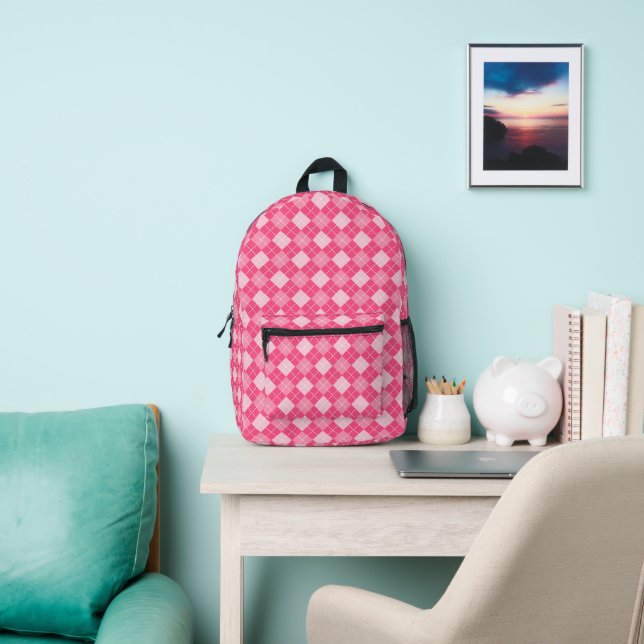 Preppy Pink Argyle Plaid Girls Printed Backpack (Insitu)