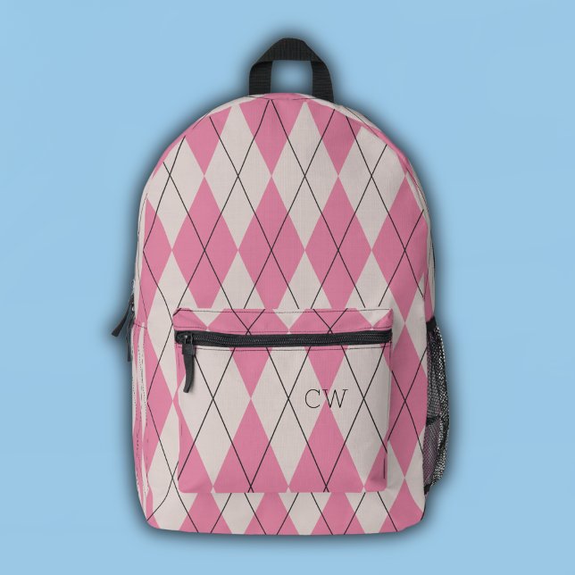Preppy Pink Argyle Print Monogram Initials Printed Backpack (Creator Uploaded)