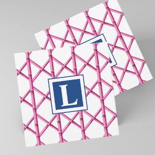Preppy Pink Bamboo Trellis Monogram Card