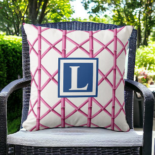 Preppy Pink Bamboo Trellis Monogram Cushion