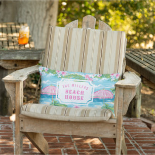 Preppy Pink Beach Umbrella   Beach House Lumbar Cushion