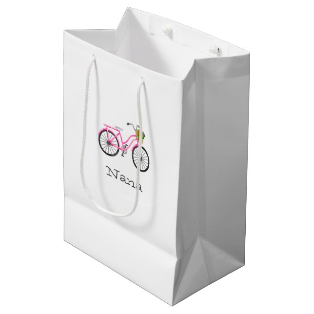 Preppy Pink Bicycle NAME Flower Basket Summer Fun  Medium Gift Bag (Front Angled)