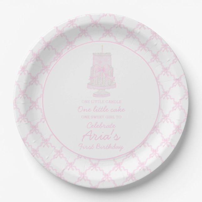 Preppy Pink Birthday Cake First birthday Editable Paper Plate (Front)
