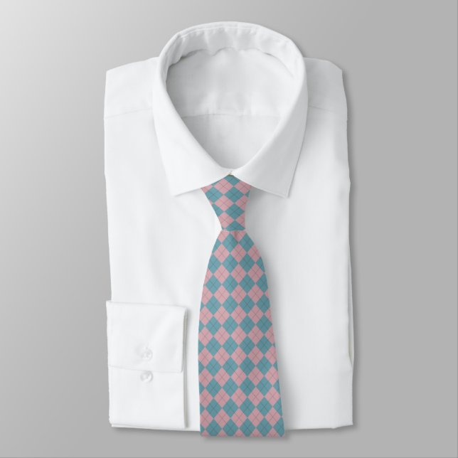 Preppy Pink, Blue and Green Argyle Designer Tie (Tied)