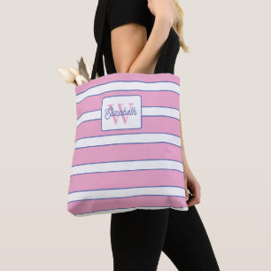 Preppy Pink Blue and White Stripes Monogram Tote Bag