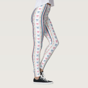 Preppy Pink Blue Coquette Bows Stripes Trendy Leggings