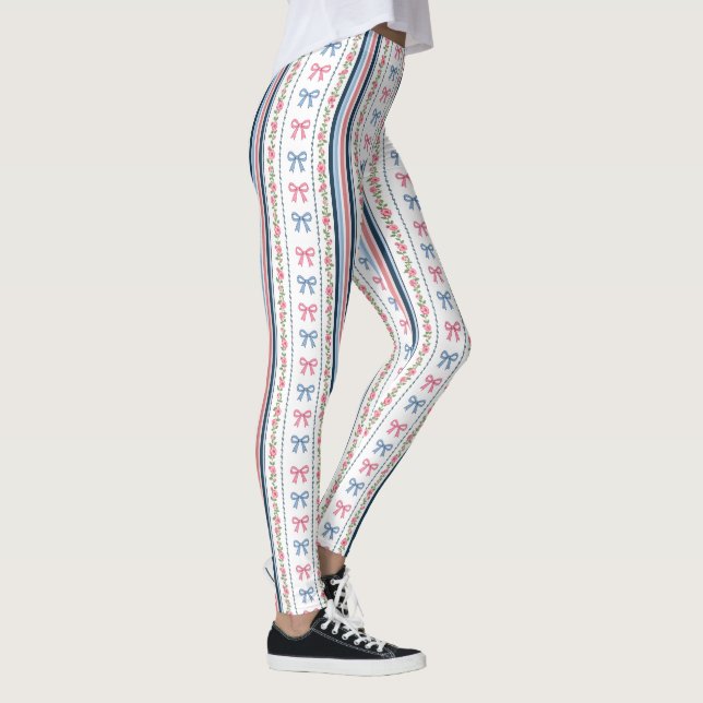 Preppy Pink Blue Coquette Bows Stripes Trendy Leggings (Right)