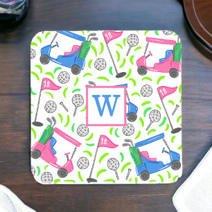 Preppy Pink & Blue Golf Cart Monogram Golfer Coaster