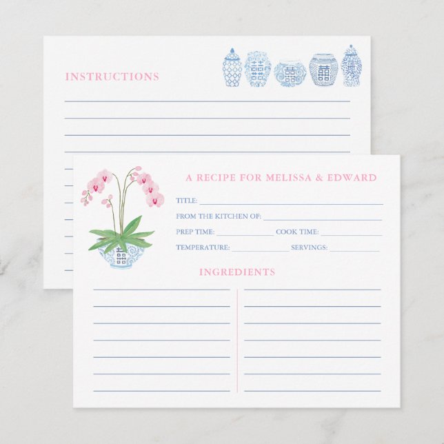 Preppy Pink Blue Orchid Bridal Shower Recipe Cards (Front/Back)