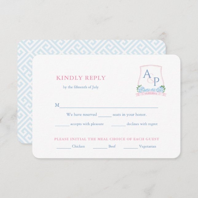 Preppy Pink Blue Wedding Crest Meal Choice RSVP Enclosure Card (Front/Back)
