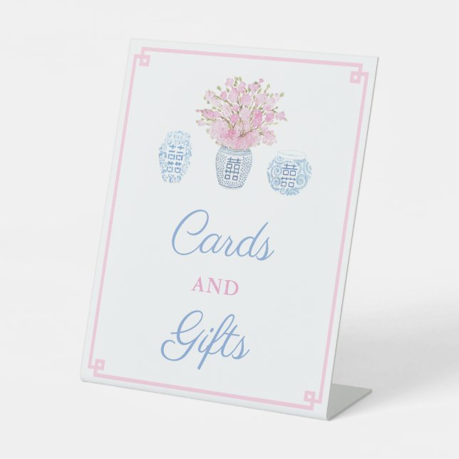 Preppy Pink Blue Wedding Shower Cards And Gifts Pedestal Sign (Front)