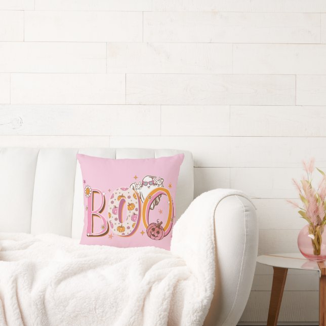 Preppy Pink Boo Pumpkin Halloween Cushion (Couch)