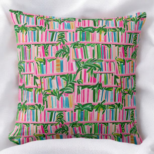 Preppy Pink Bookcase Tropical Leaves Book Lover Cushion
