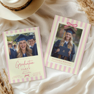 Preppy Pink Bow 2 Photo Graduation Invitation
