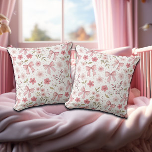 Preppy Pink Bow and Flowers Cushion